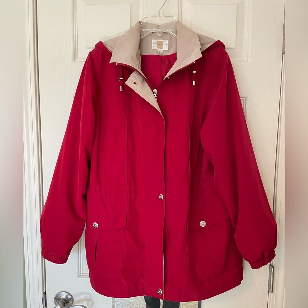 Gallery brand burgundy mid length zip up coat with removable hood Size M